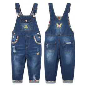 Girls Big Pocket Embroidered Ripped Denim Overalls