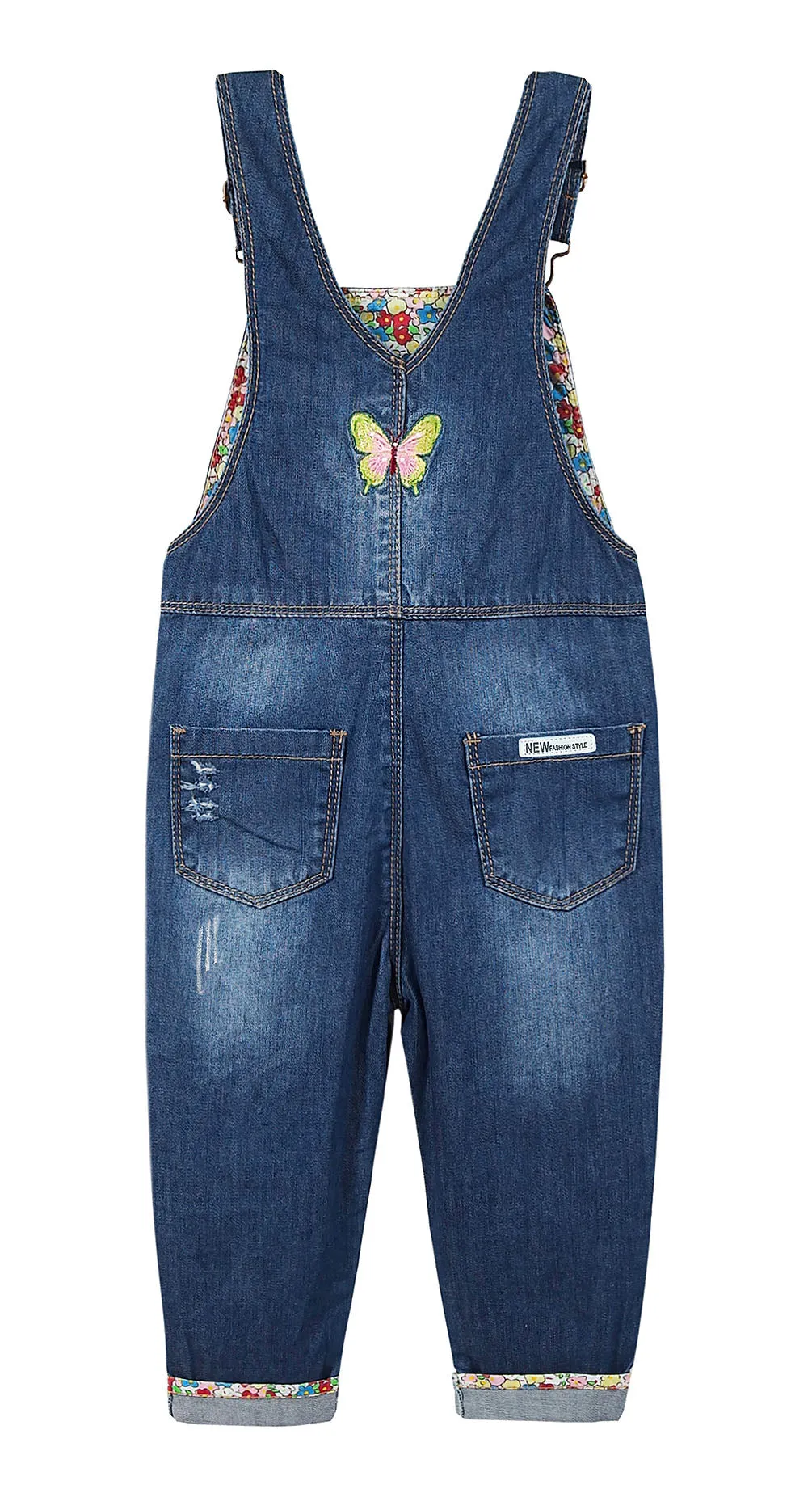 Girls Big Pocket Embroidered Ripped Denim Overalls