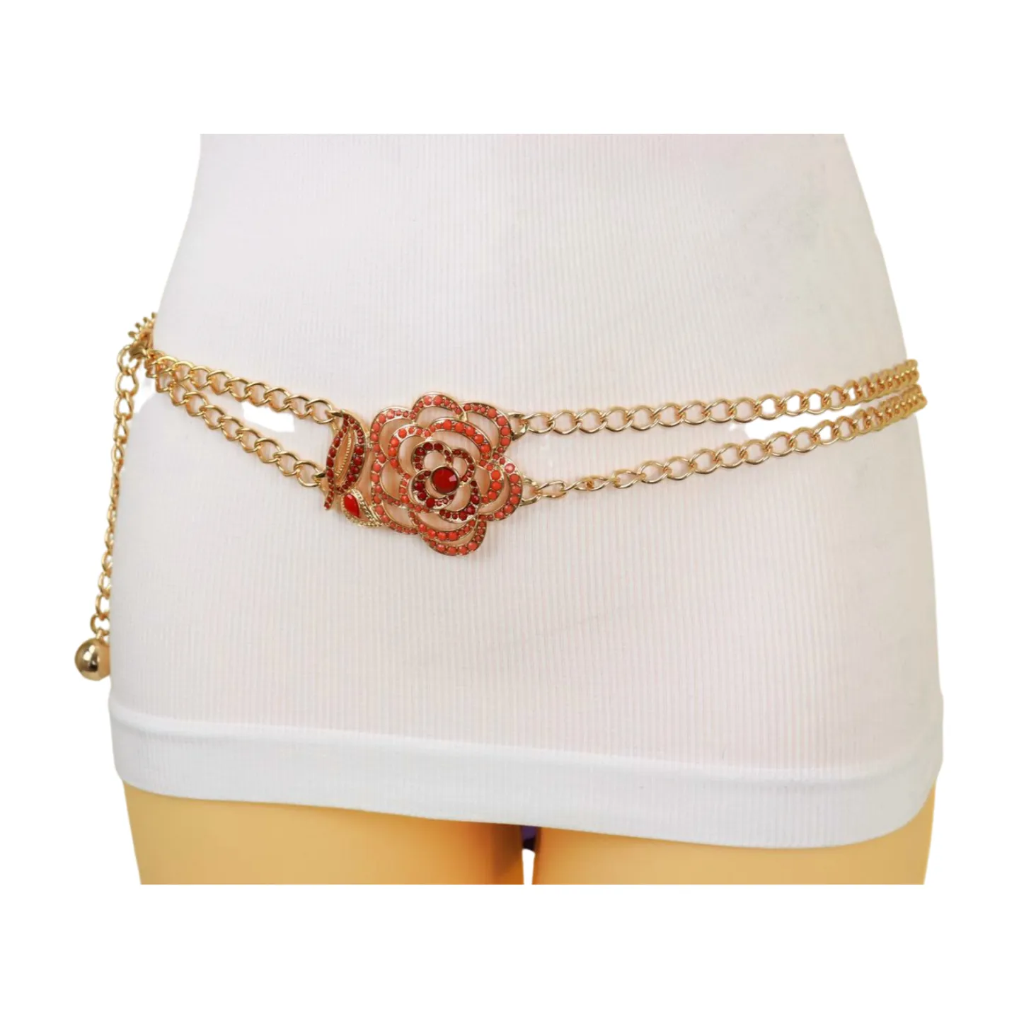 Gold Metal Chain Belt Hip High Waist Red Flower Charm S M