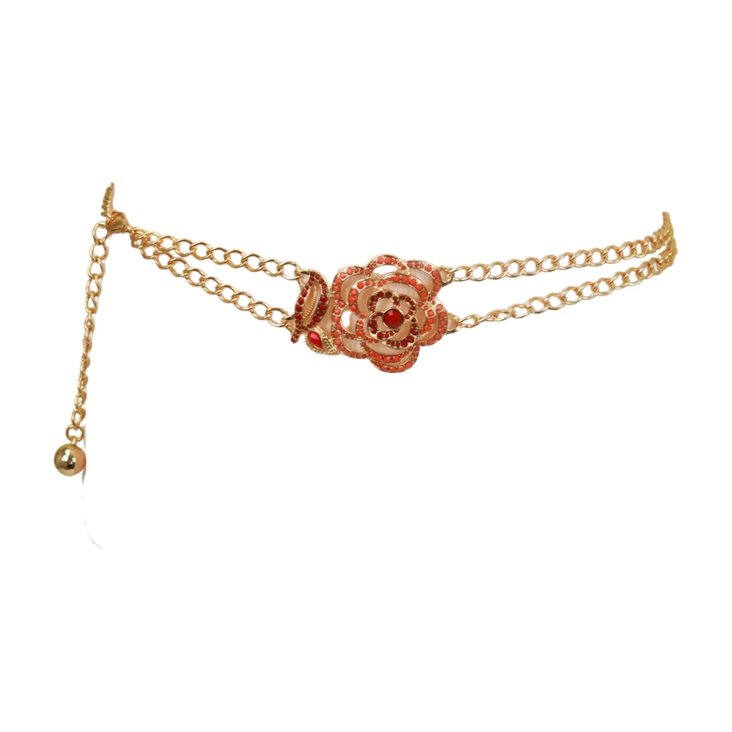 Gold Metal Chain Belt Hip High Waist Red Flower Charm S M