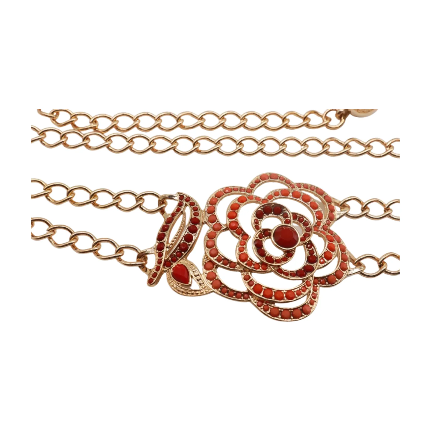 Gold Metal Chain Belt Hip High Waist Red Flower Charm S M