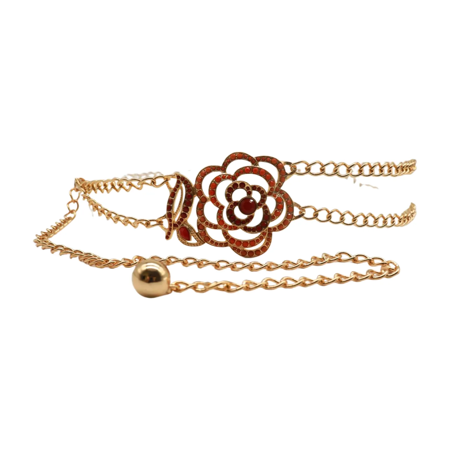 Gold Metal Chain Belt Hip High Waist Red Flower Charm S M