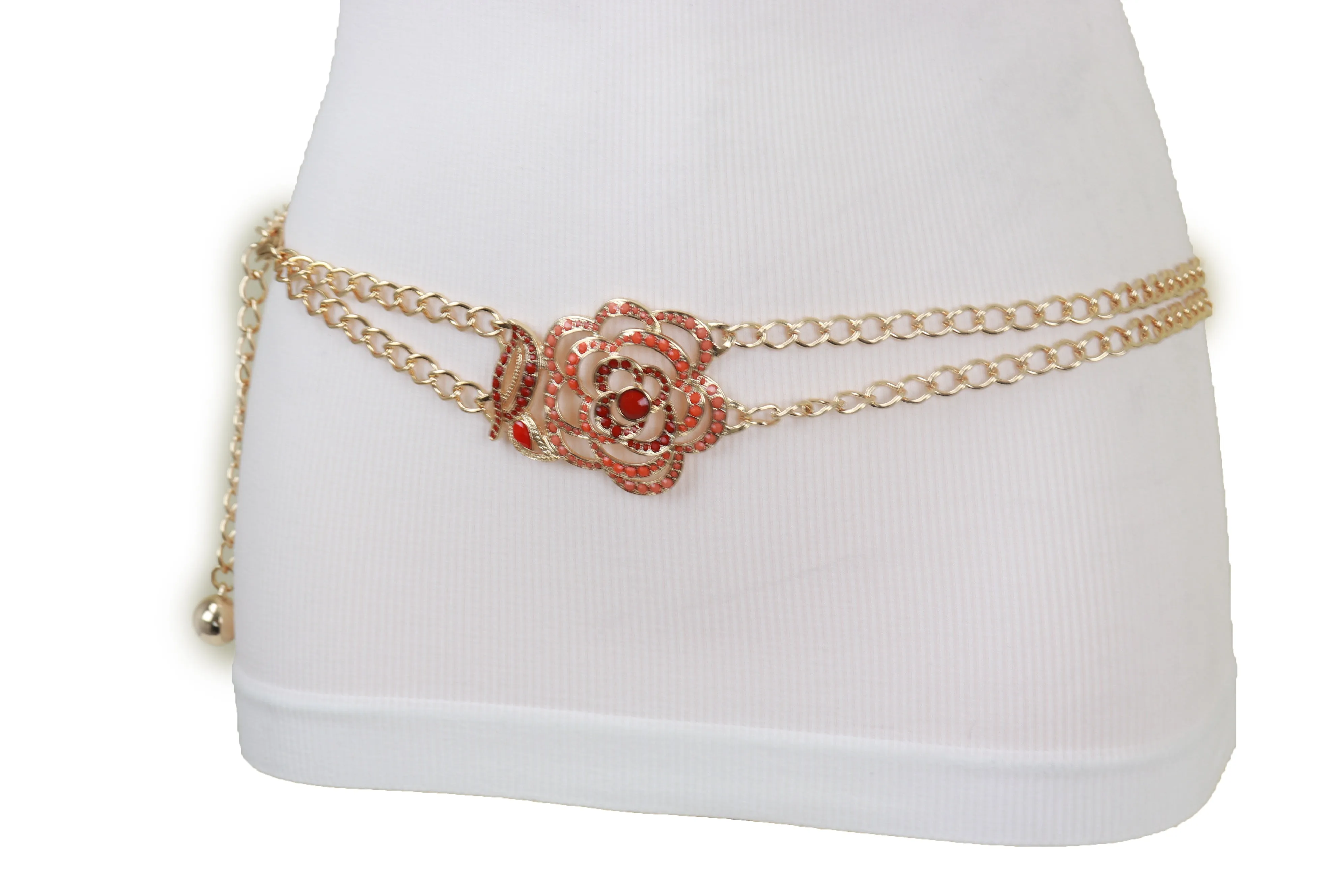 Gold Metal Chain Belt Hip High Waist Red Flower Charm S M