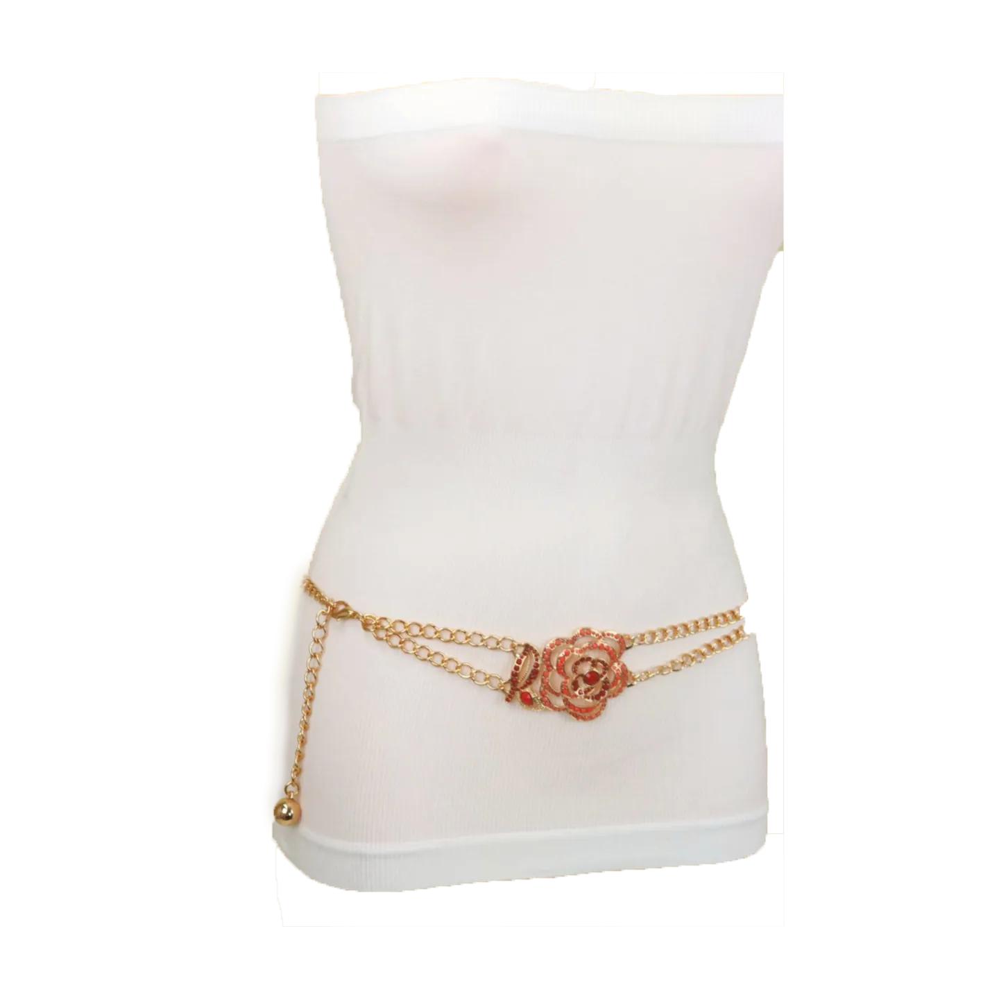 Gold Metal Chain Belt Hip High Waist Red Flower Charm S M