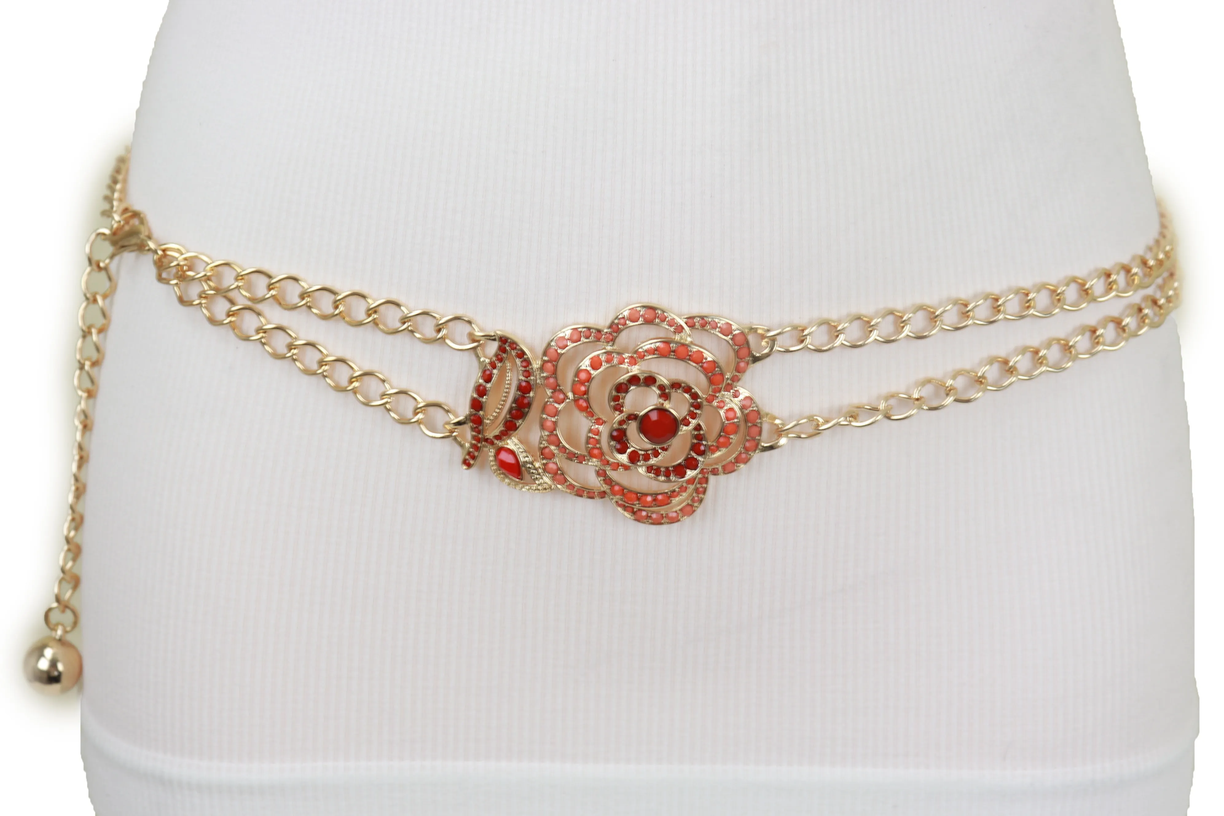 Gold Metal Chain Belt Hip High Waist Red Flower Charm S M