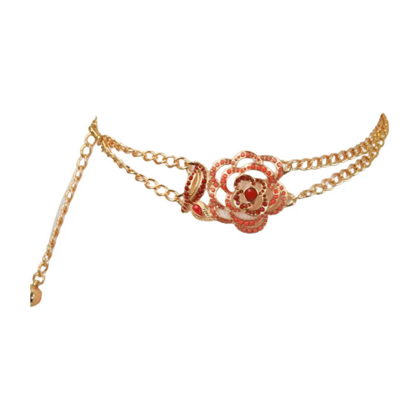 Gold Metal Chain Belt Hip High Waist Red Flower Charm S M