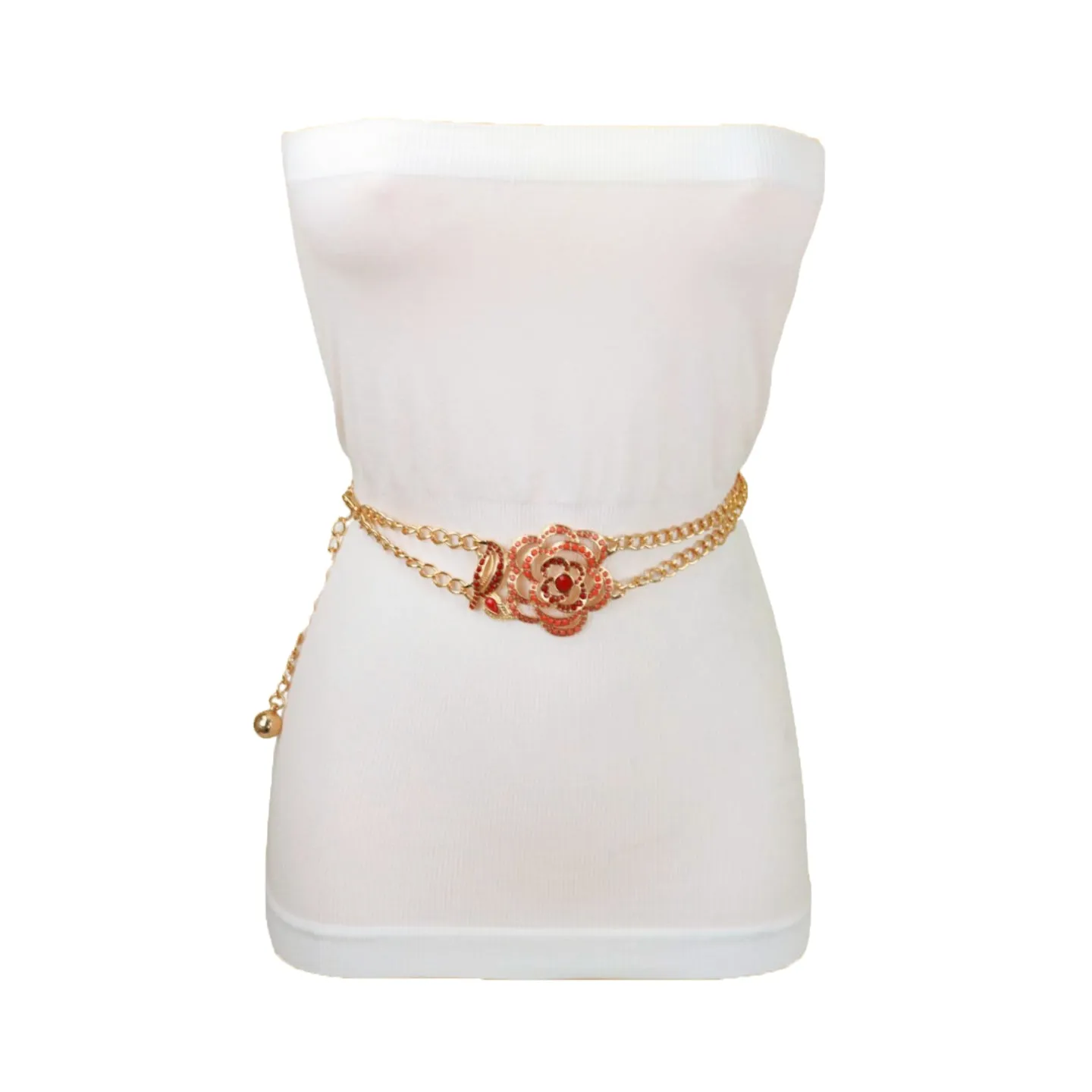 Gold Metal Chain Belt Hip High Waist Red Flower Charm S M