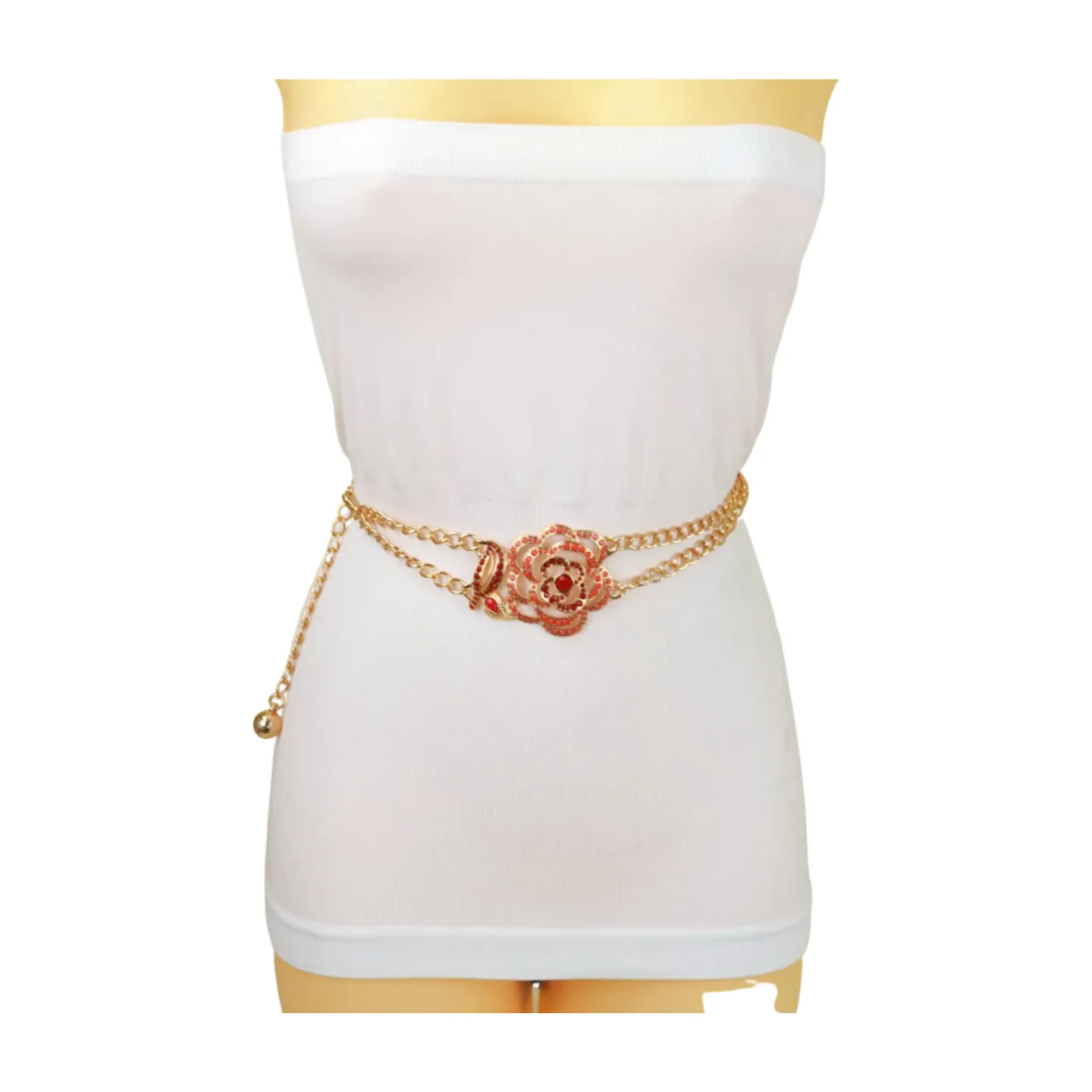 Gold Metal Chain Belt Hip High Waist Red Flower Charm S M