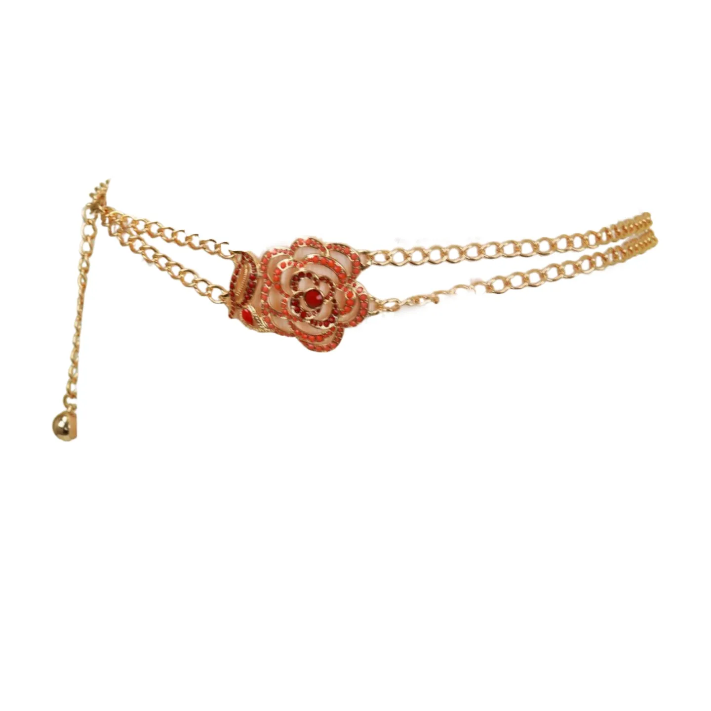 Gold Metal Chain Belt Hip High Waist Red Flower Charm S M