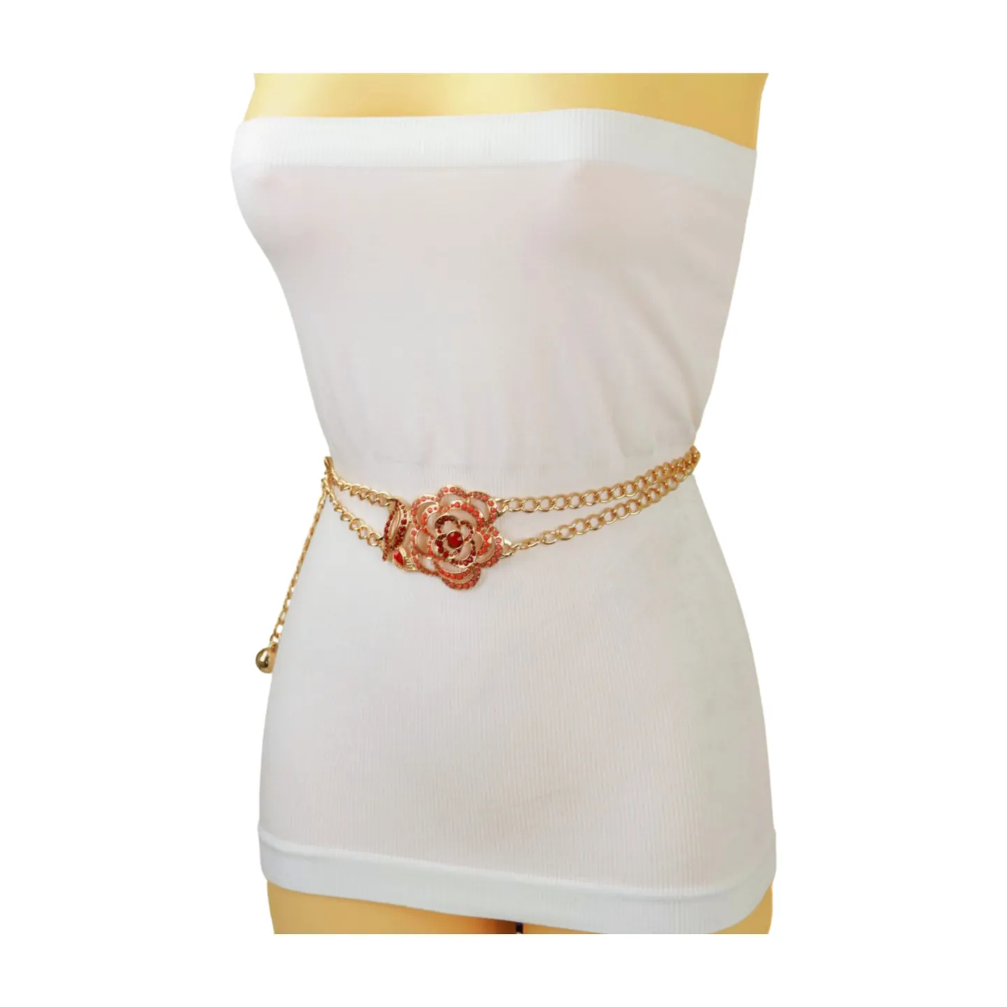 Gold Metal Chain Belt Hip High Waist Red Flower Charm S M