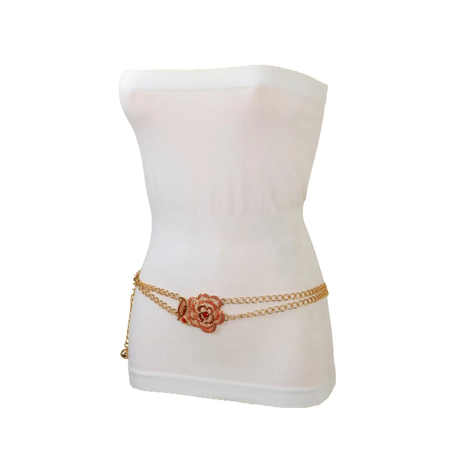 Gold Metal Chain Belt Hip High Waist Red Flower Charm S M