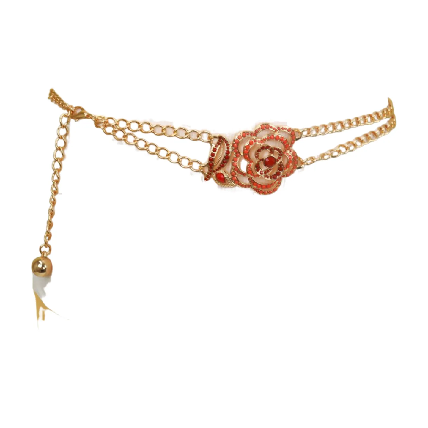 Gold Metal Chain Belt Hip High Waist Red Flower Charm S M