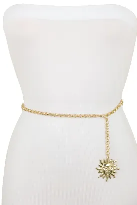 Gold Metal Chain Links Skinny Trendy Belt Hip High Waist Sun Charm M L XL