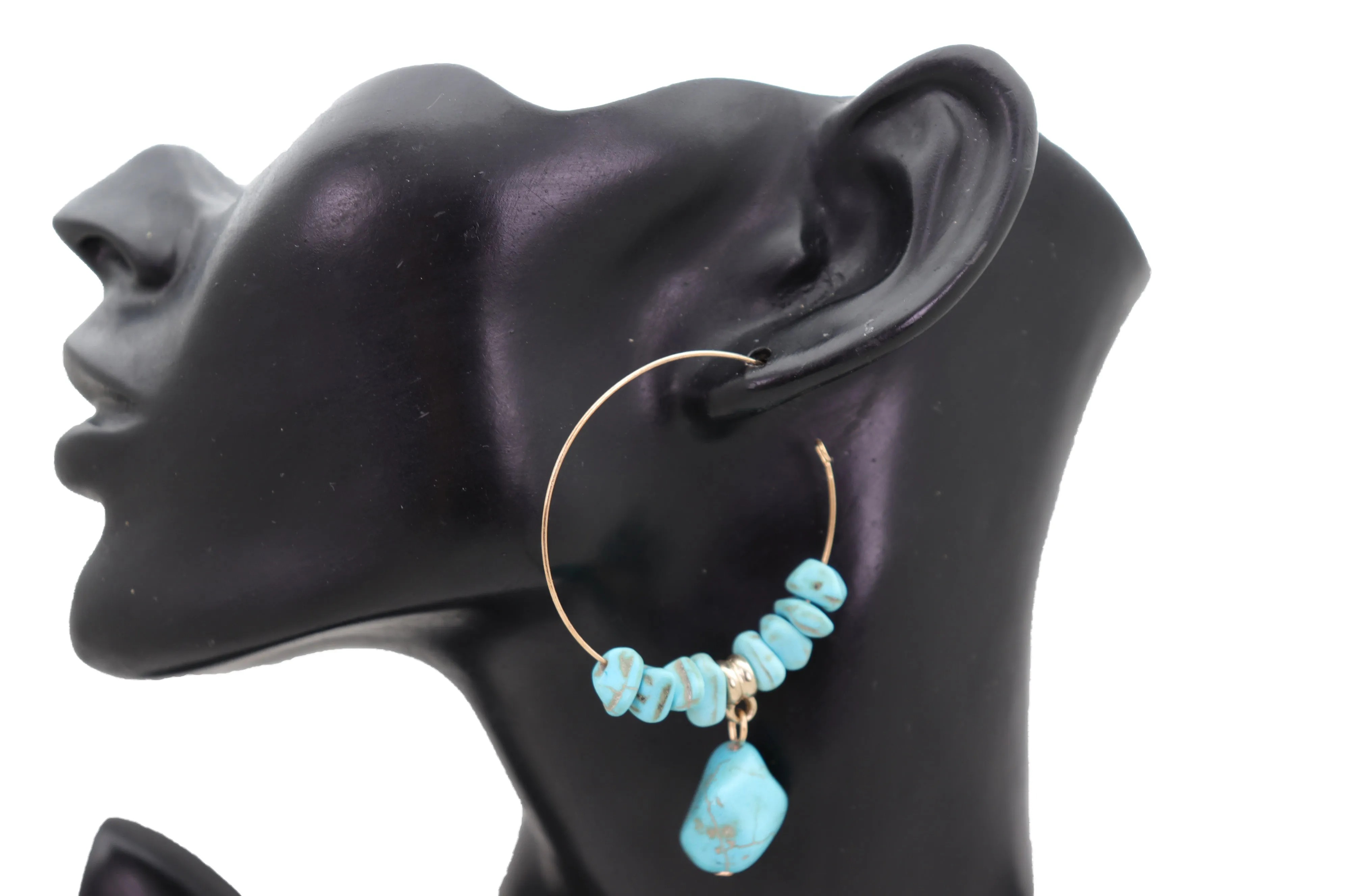 Gold Metal Hoop Earrings Set Western Turquoise Blue Beads