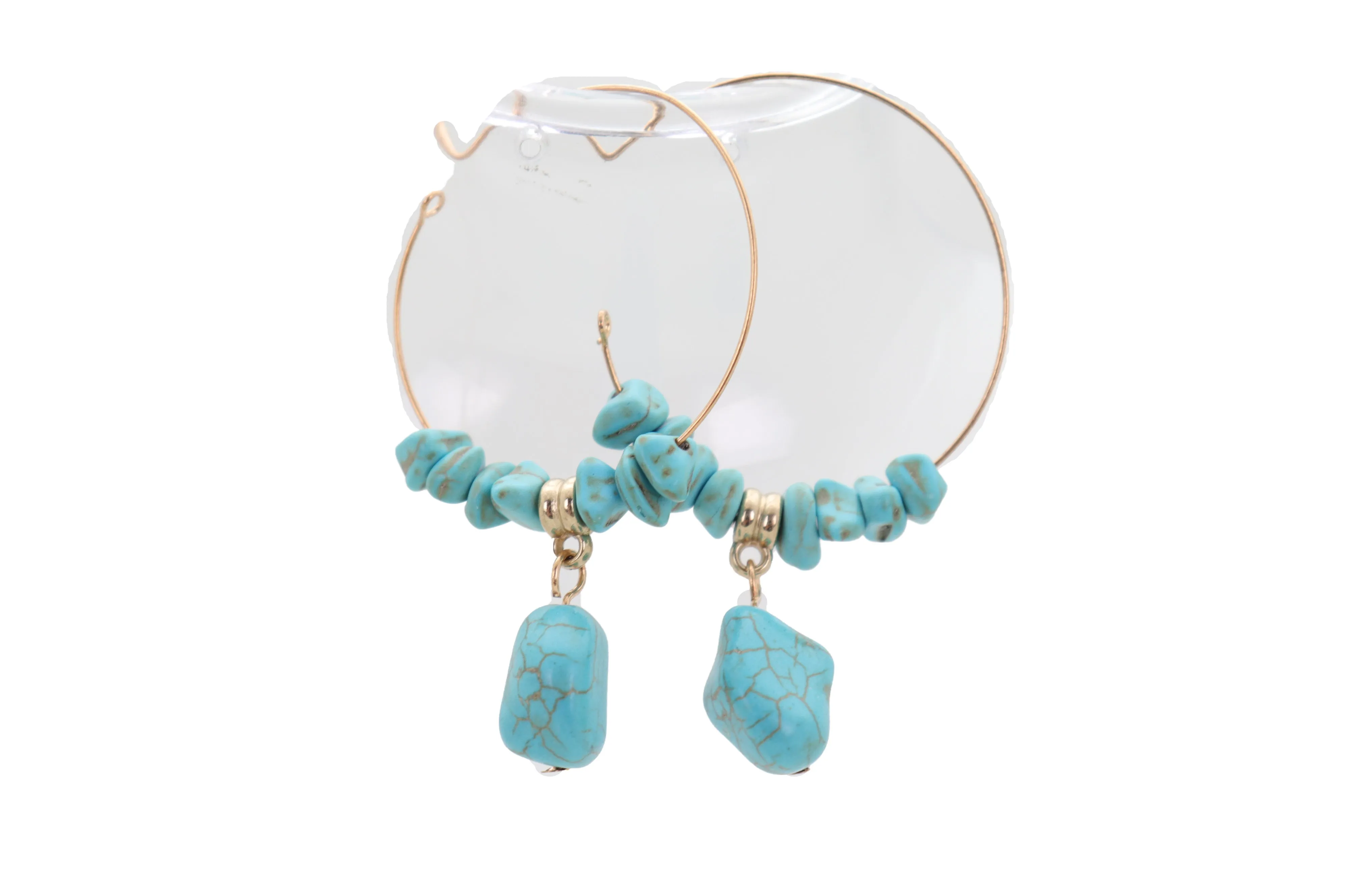 Gold Metal Hoop Earrings Set Western Turquoise Blue Beads