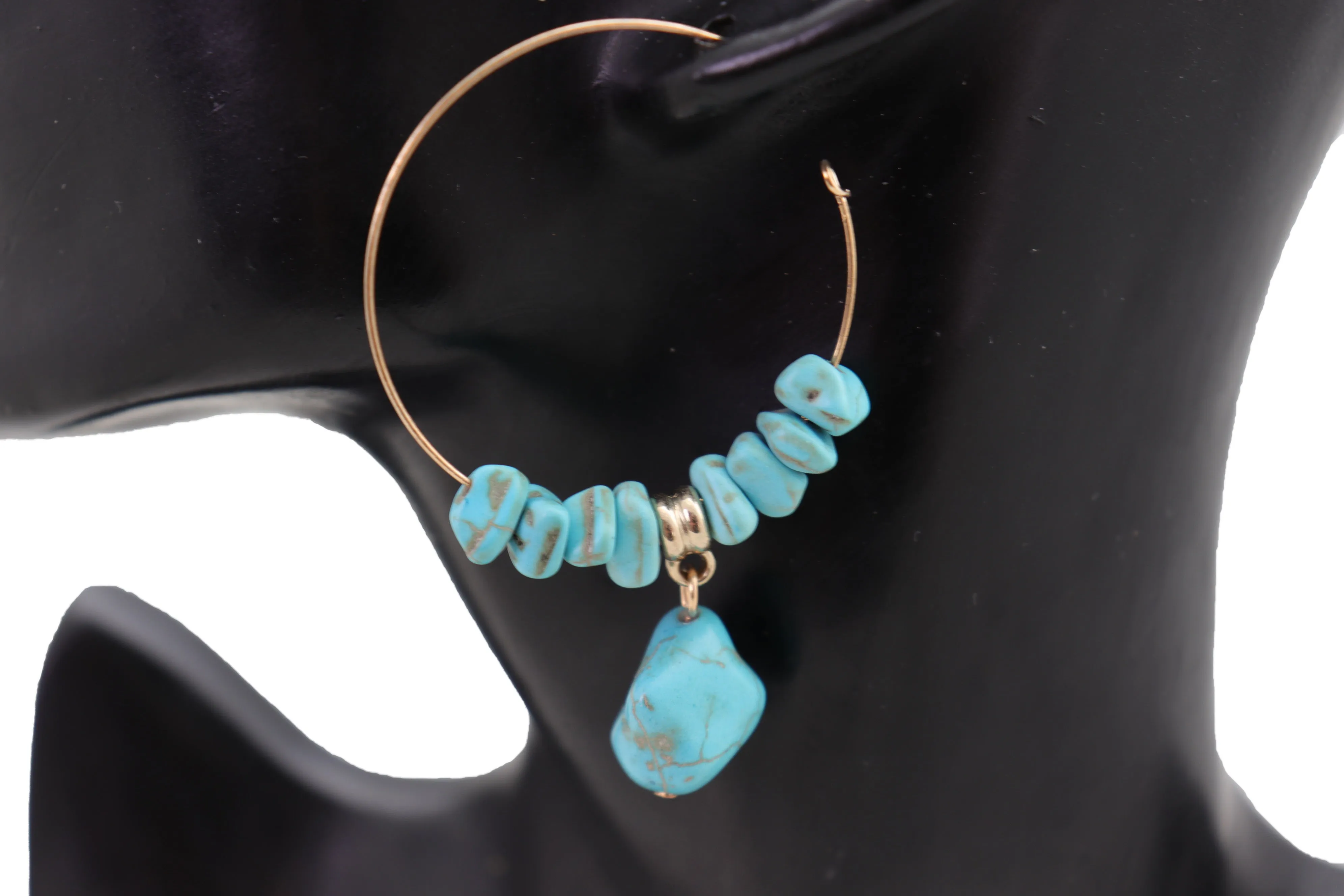 Gold Metal Hoop Earrings Set Western Turquoise Blue Beads