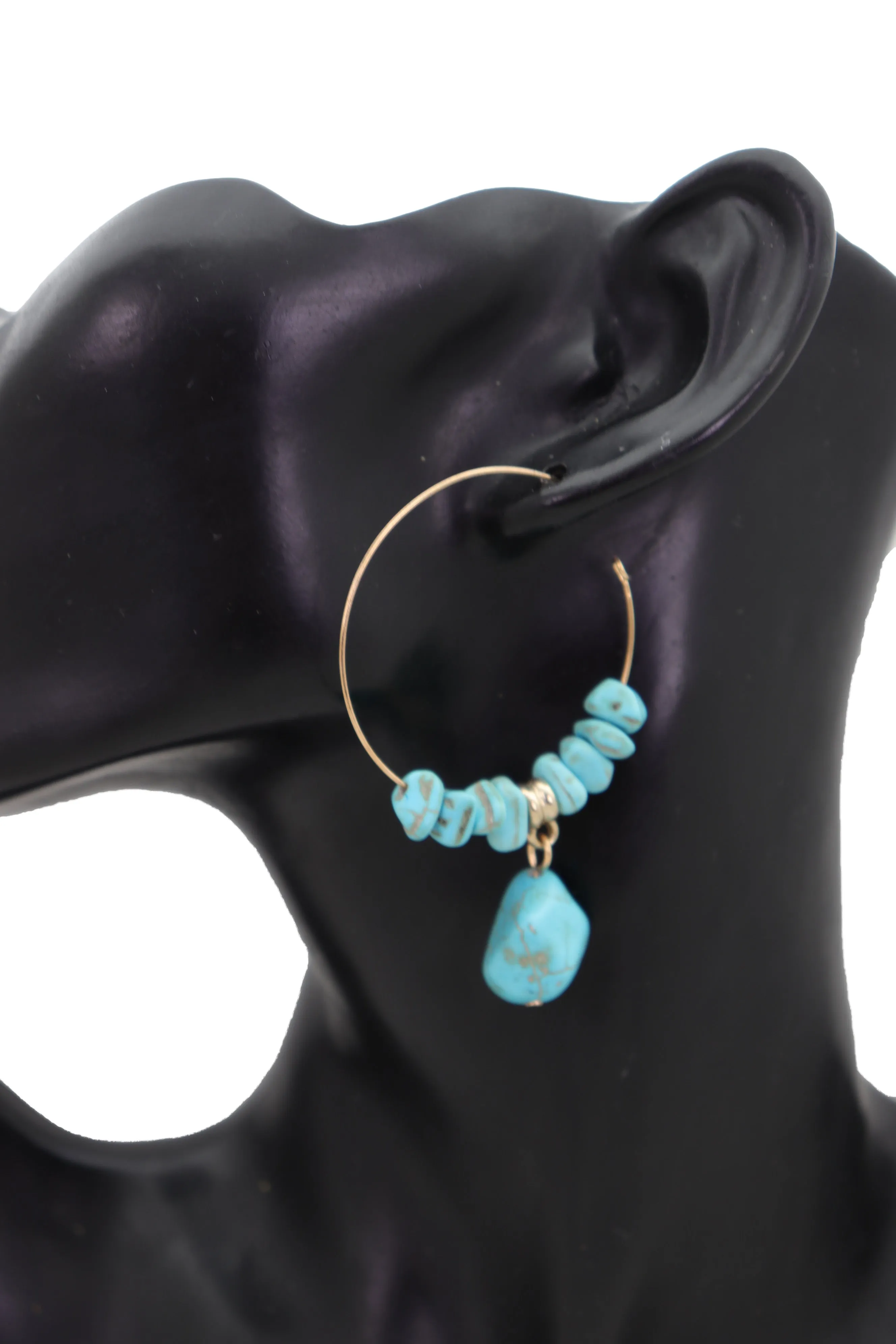 Gold Metal Hoop Earrings Set Western Turquoise Blue Beads