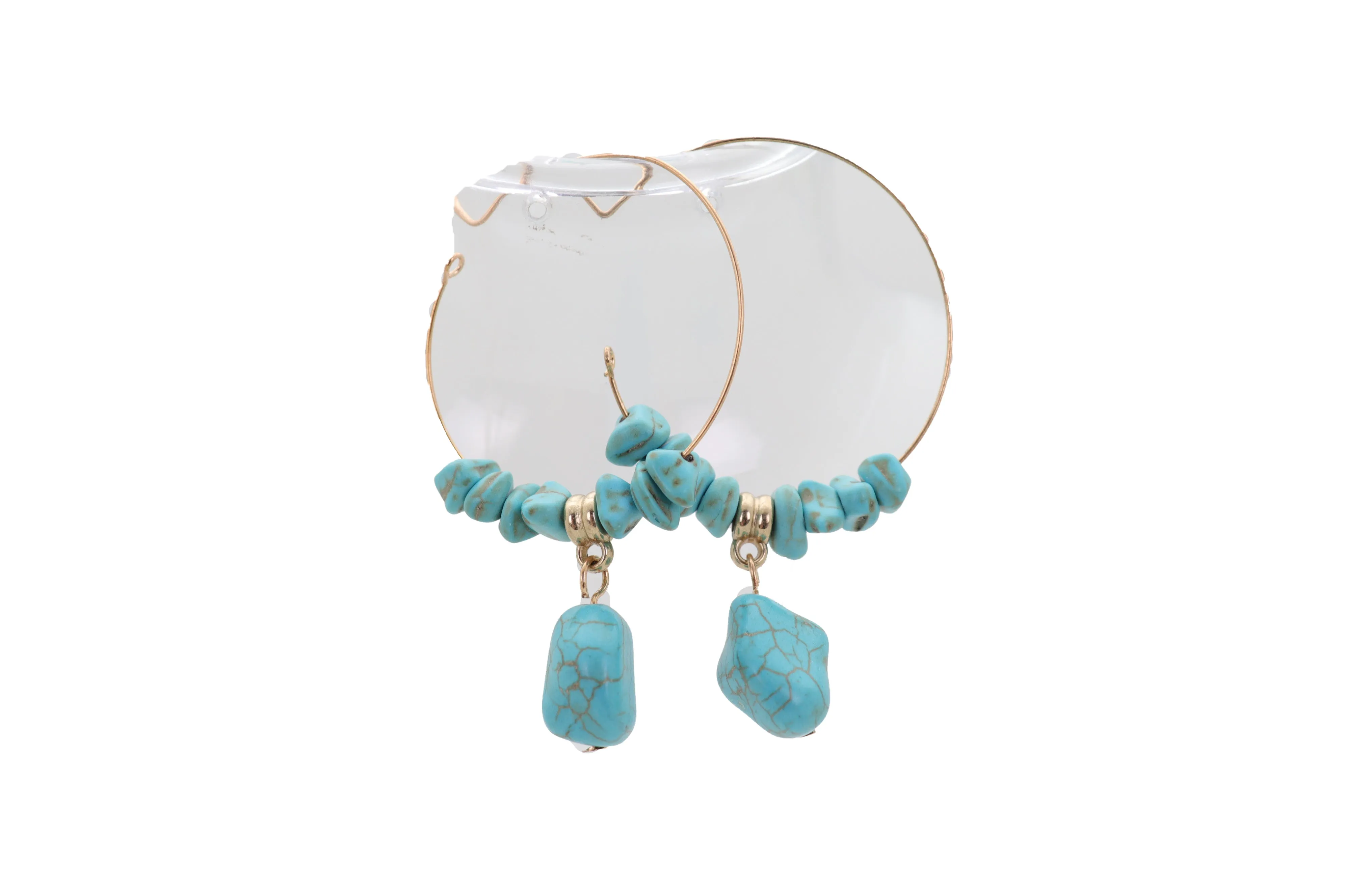 Gold Metal Hoop Earrings Set Western Turquoise Blue Beads