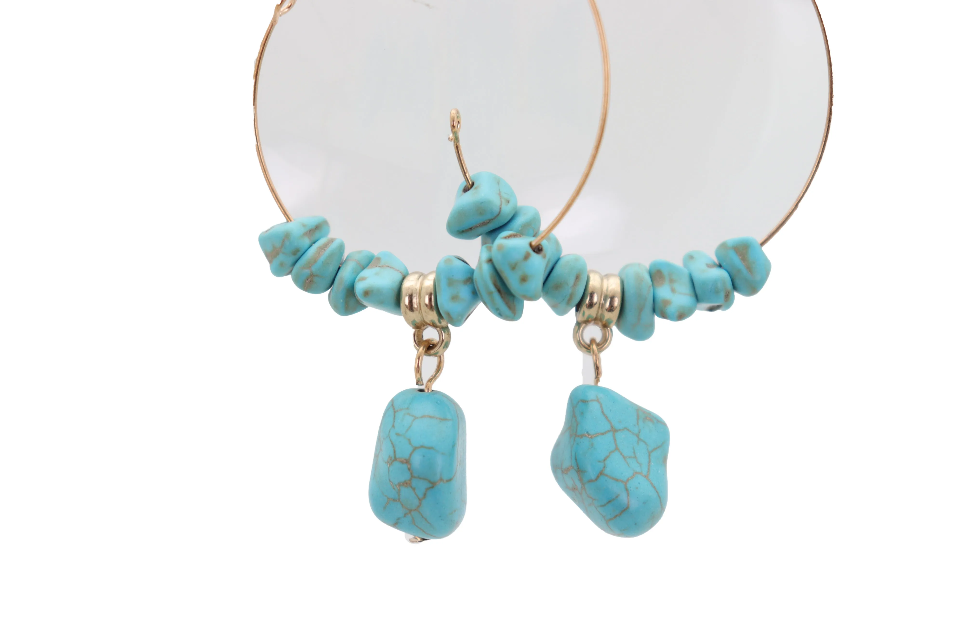 Gold Metal Hoop Earrings Set Western Turquoise Blue Beads