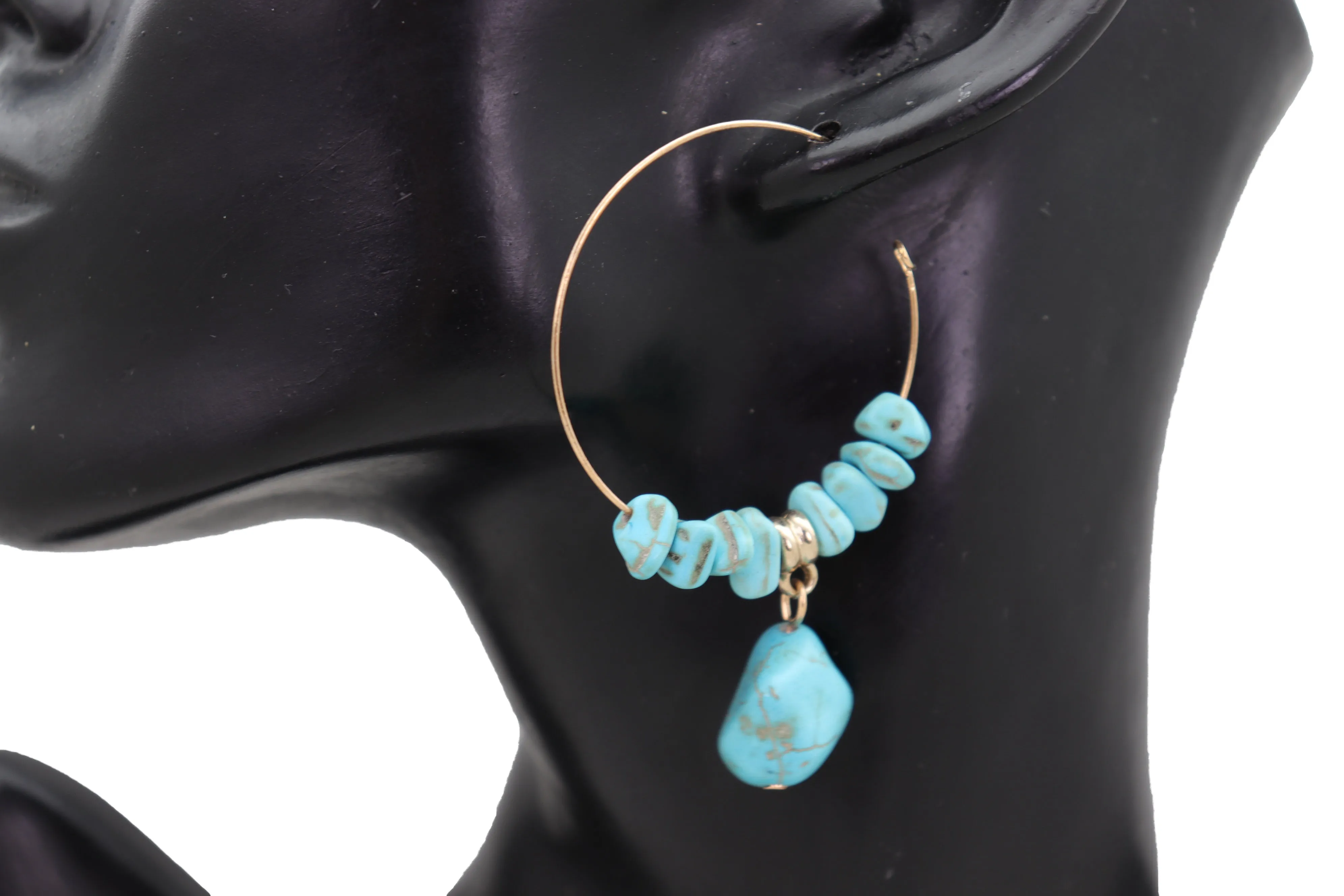 Gold Metal Hoop Earrings Set Western Turquoise Blue Beads