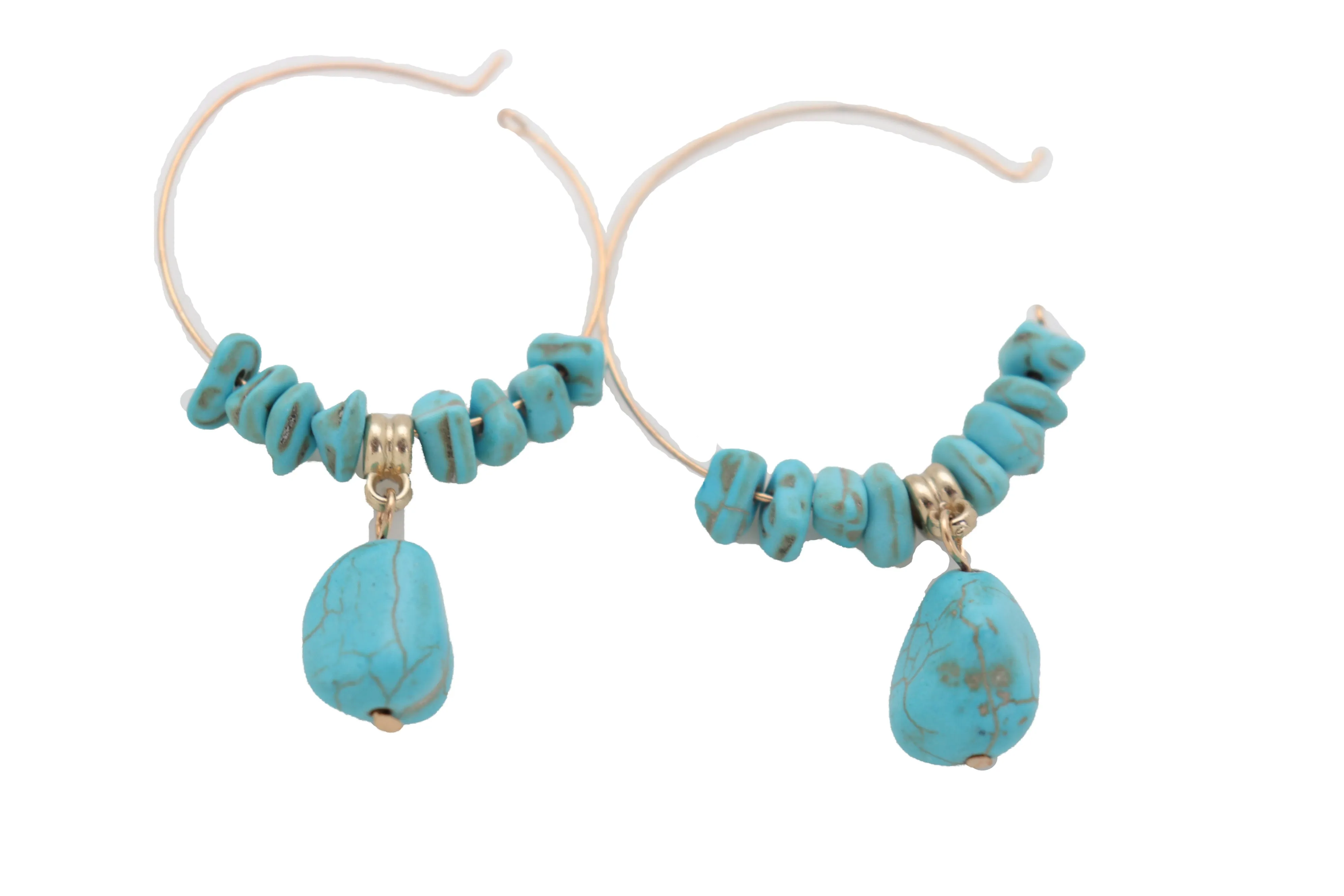 Gold Metal Hoop Earrings Set Western Turquoise Blue Beads