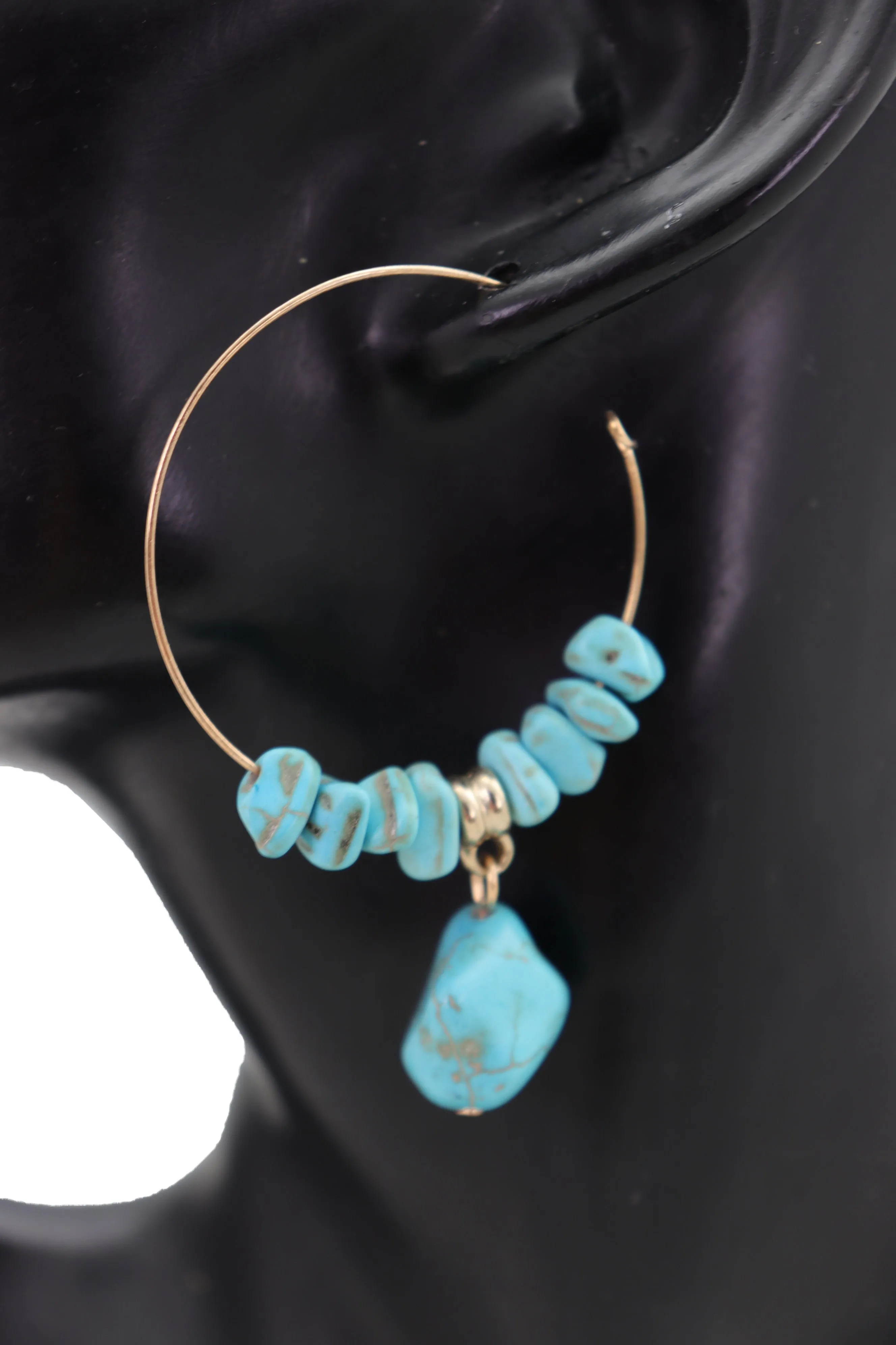 Gold Metal Hoop Earrings Set Western Turquoise Blue Beads