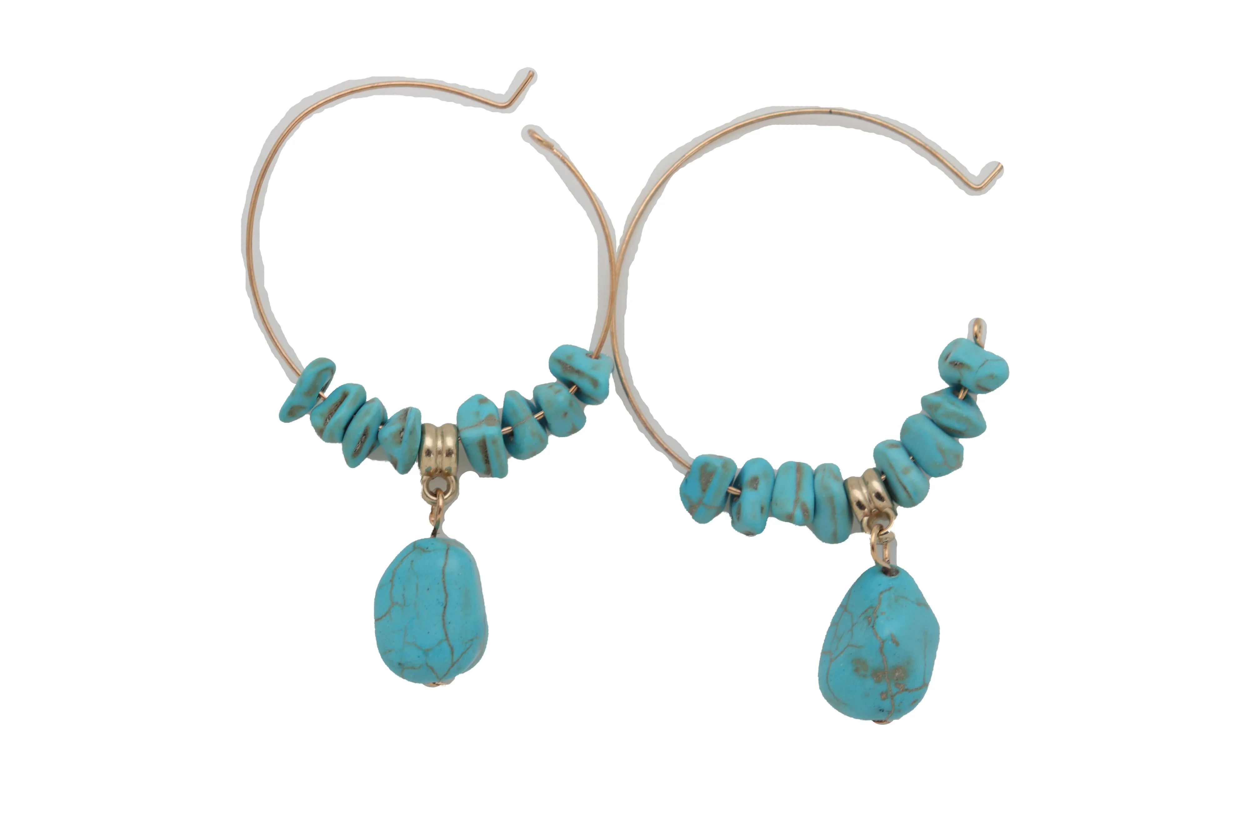 Gold Metal Hoop Earrings Set Western Turquoise Blue Beads