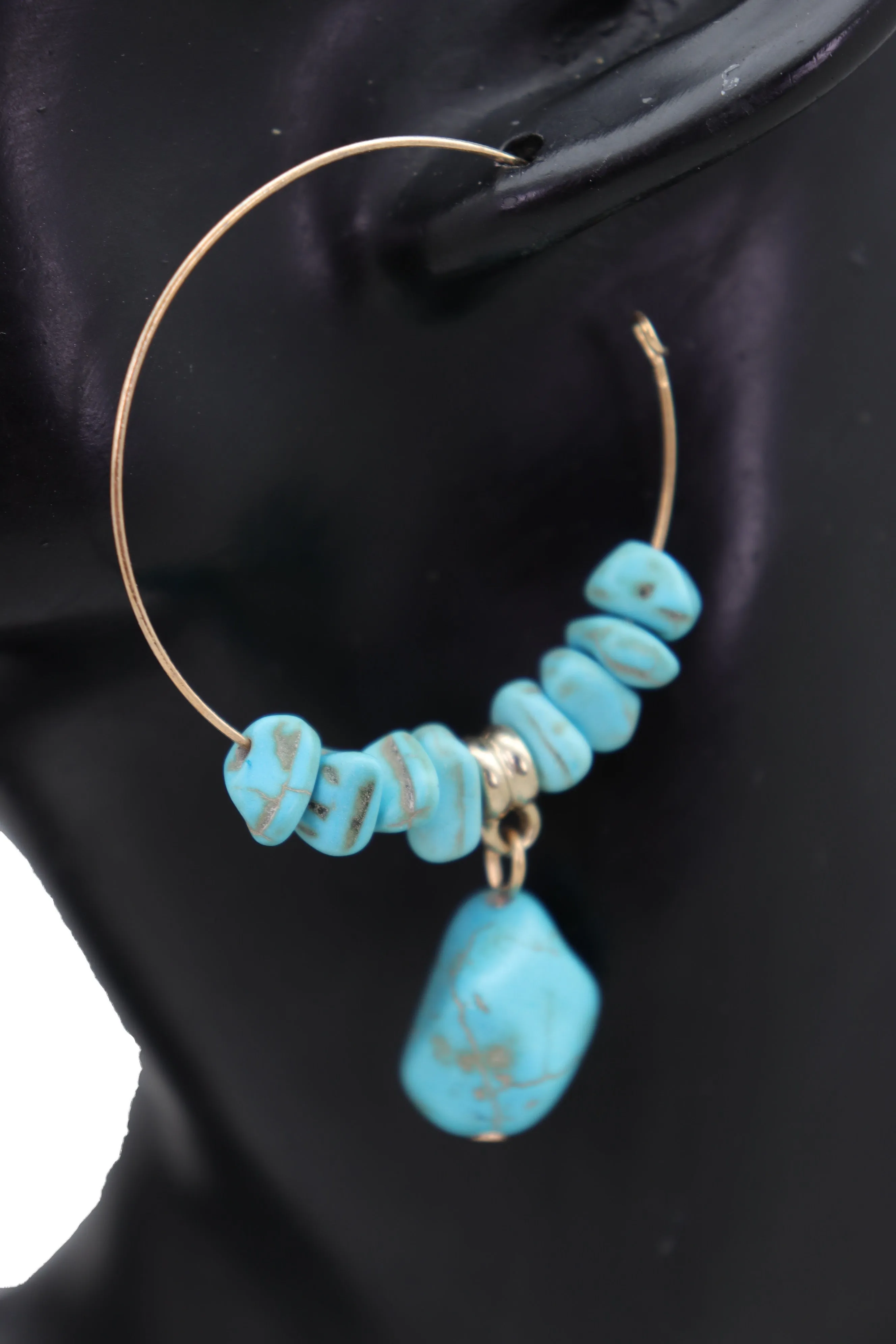 Gold Metal Hoop Earrings Set Western Turquoise Blue Beads