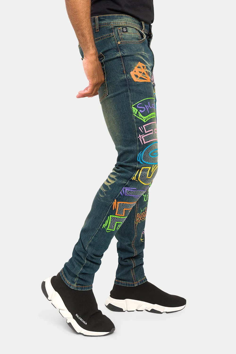 Graffiti Faded Washed Denim Jeans