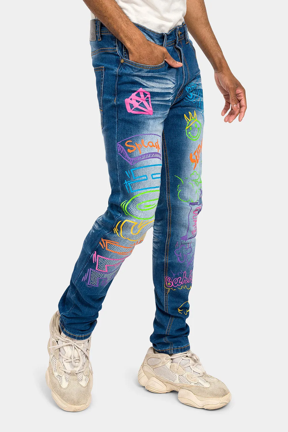 Graffiti Faded Washed Denim Jeans