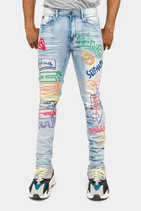 Graffiti Faded Washed Denim Jeans