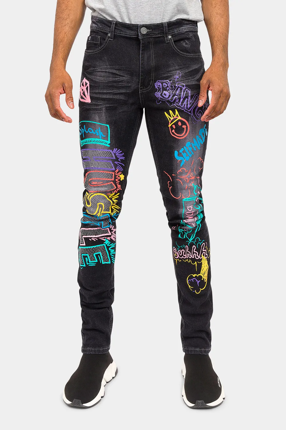 Graffiti Faded Washed Denim Jeans