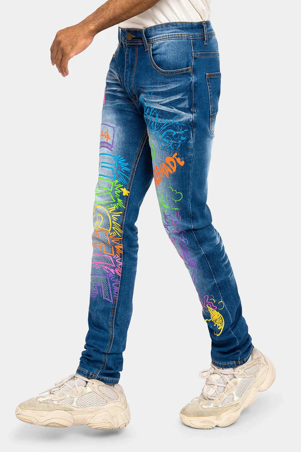 Graffiti Faded Washed Denim Jeans