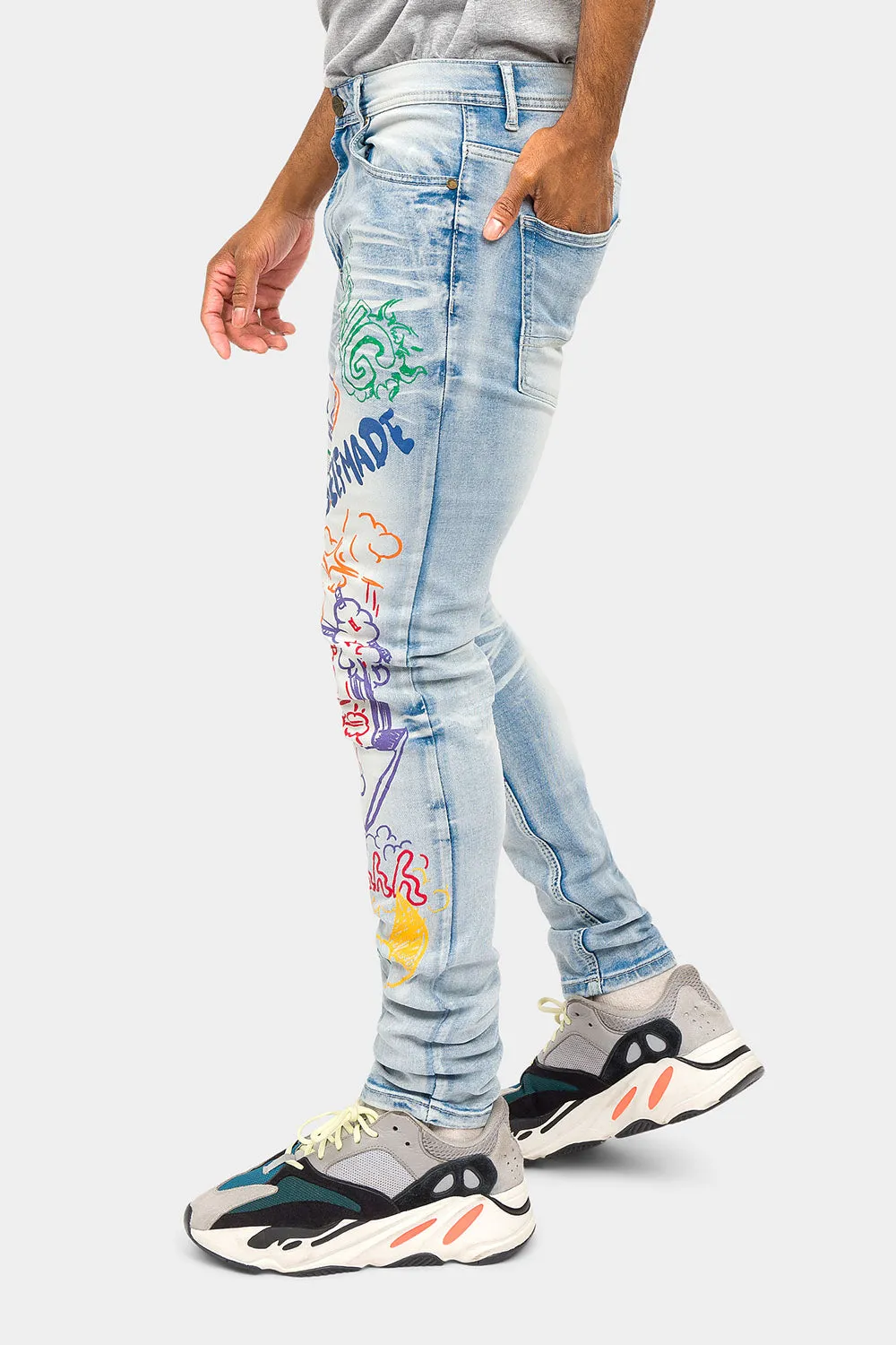 Graffiti Faded Washed Denim Jeans