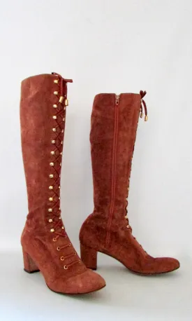 HERBERT LEVINE 60s Rust Suede Lace up Hippie Granny Boots, Size 8 - 8 1/2