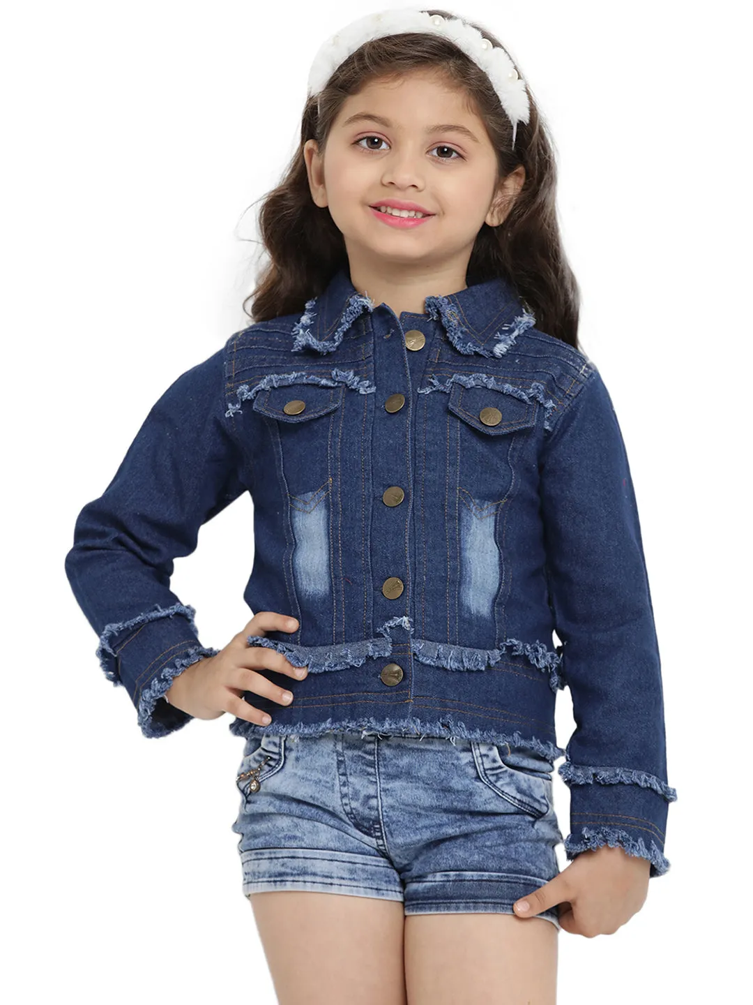 Jashvi Girls Blue Embroidered Lightweight Denim Jacket