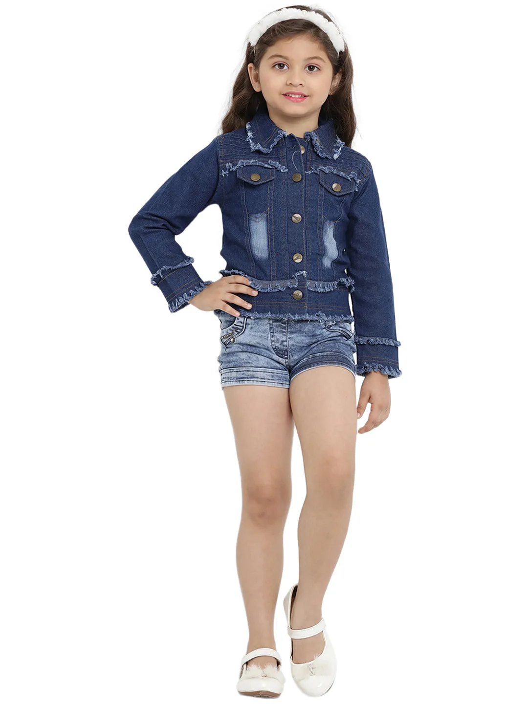 Jashvi Girls Blue Embroidered Lightweight Denim Jacket