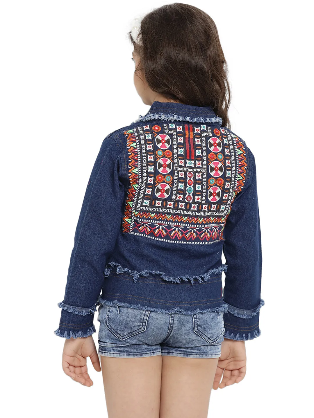 Jashvi Girls Blue Embroidered Lightweight Denim Jacket