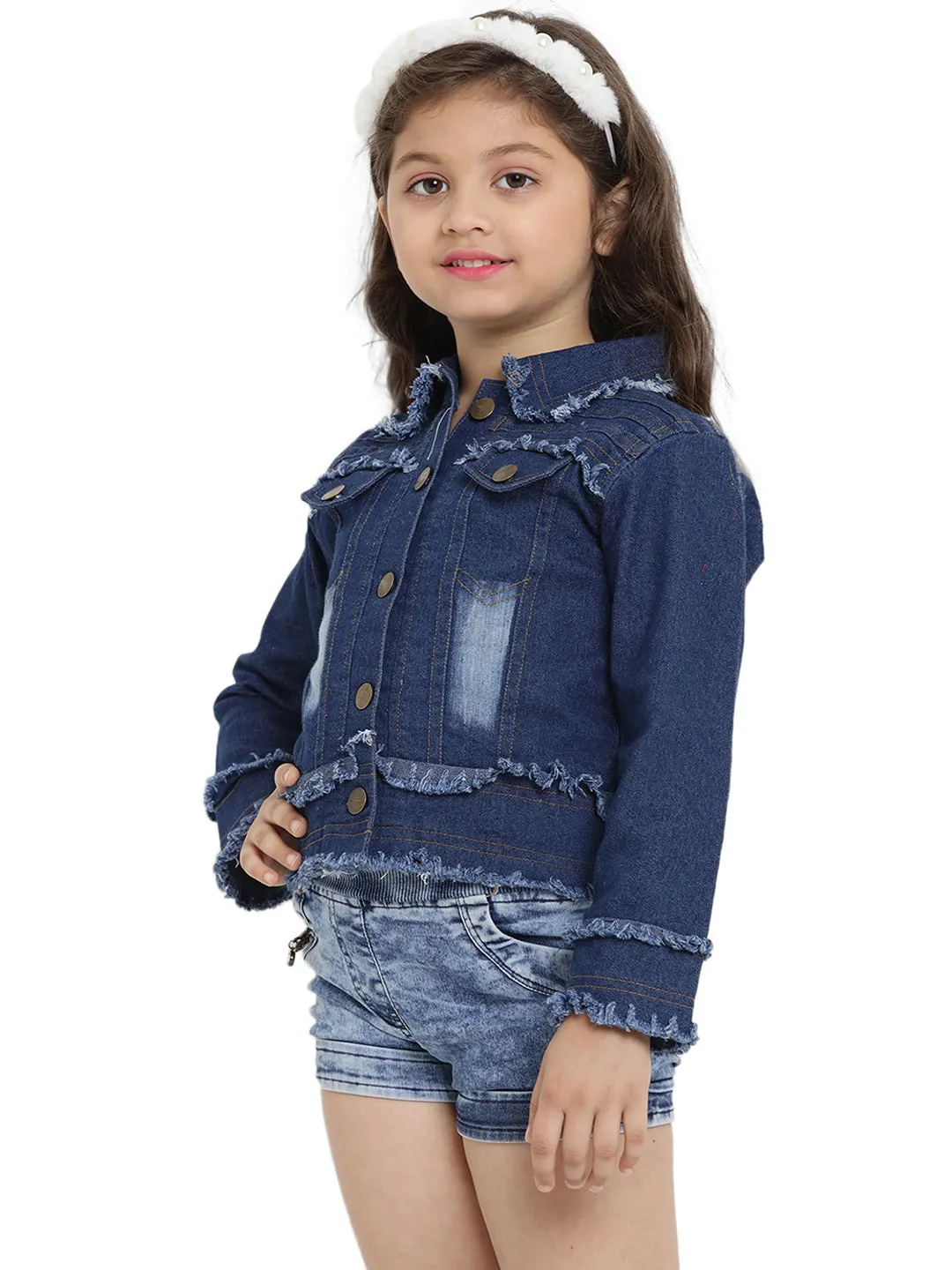 Jashvi Girls Blue Embroidered Lightweight Denim Jacket