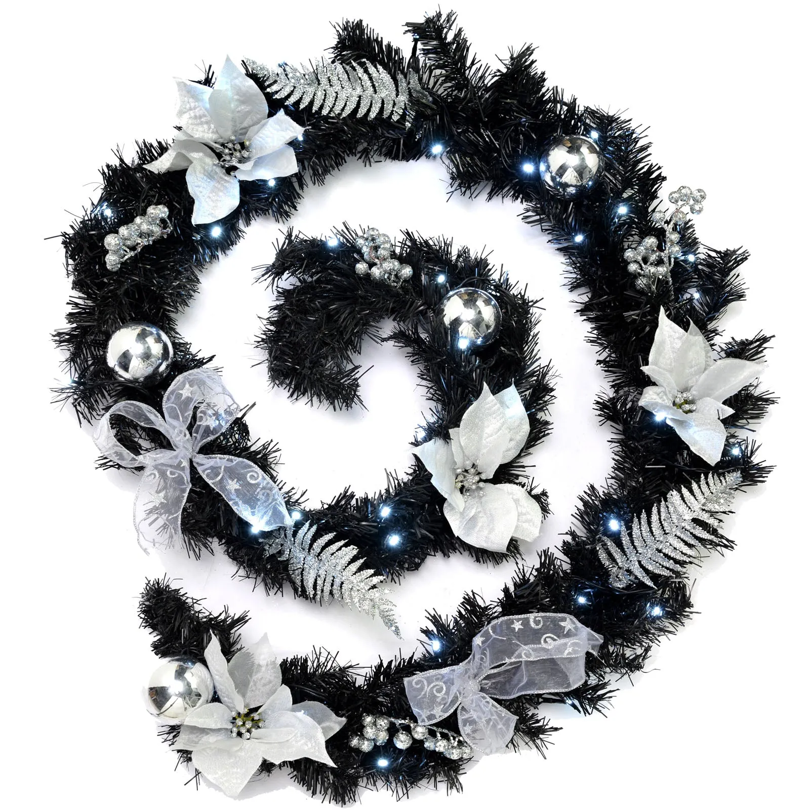 Pre-Lit Decorated Garland, Black/Silver, 9 ft