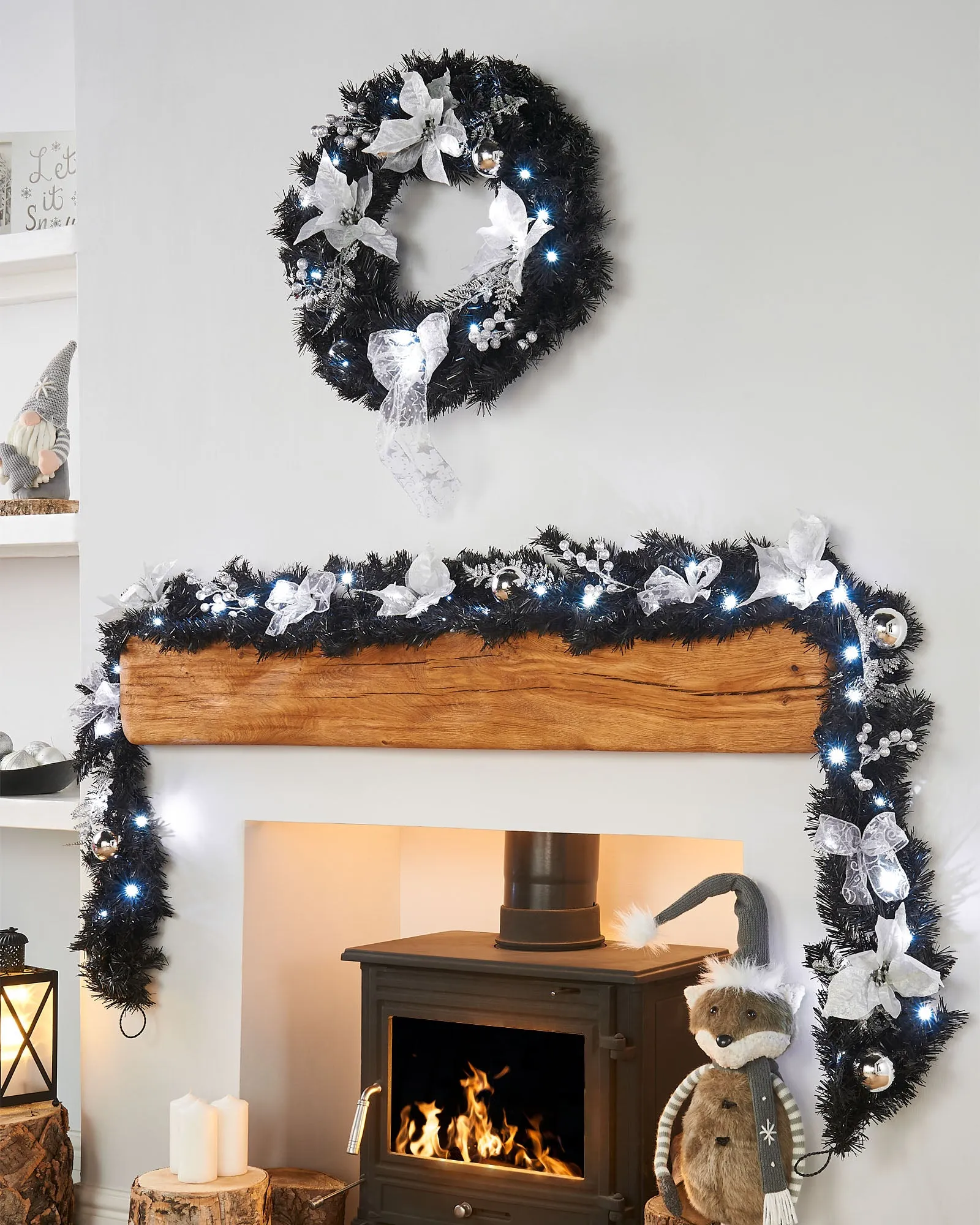 Pre-Lit Decorated Garland, Black/Silver, 9 ft