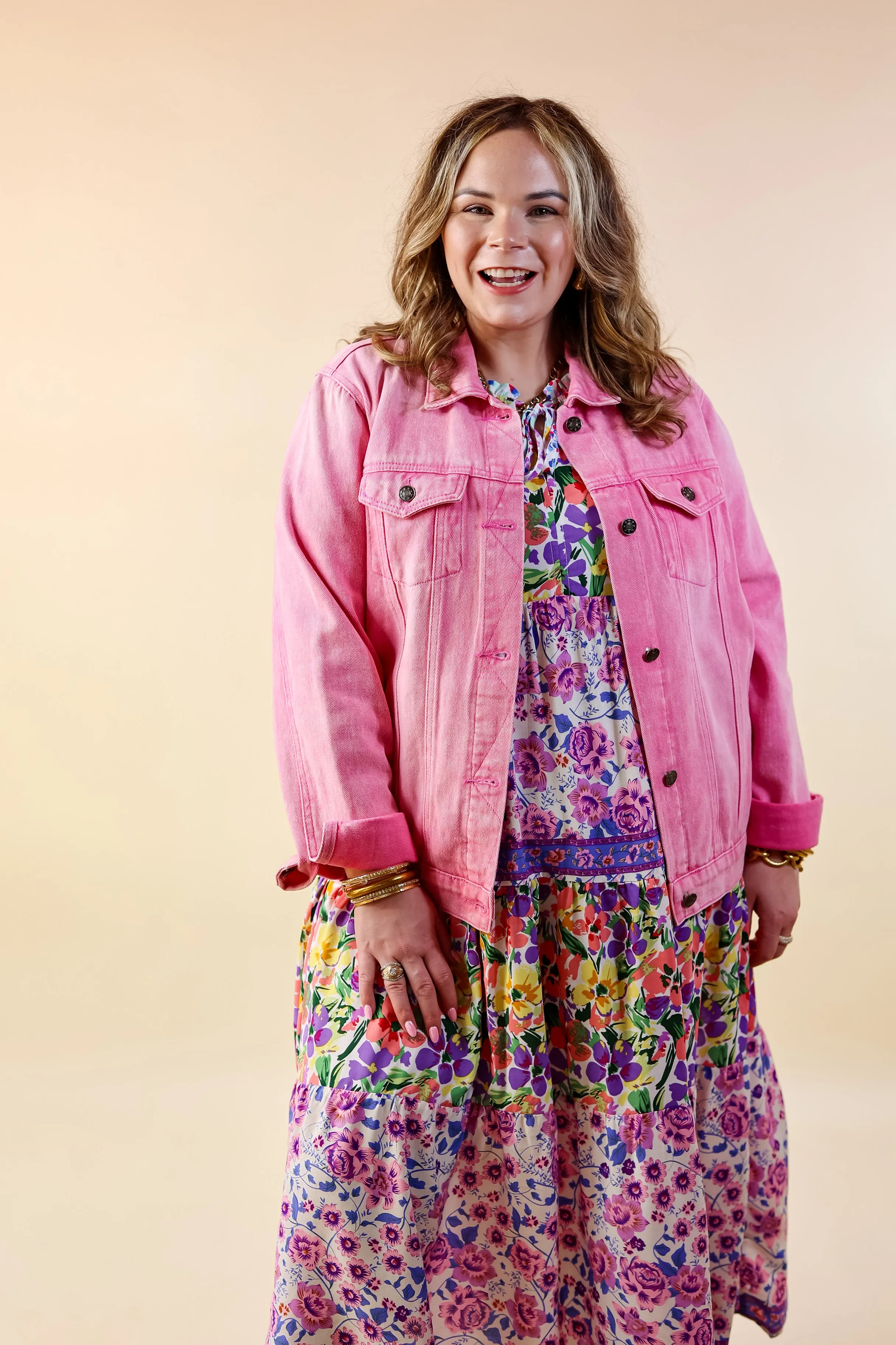 Prime Time Floral Embroidered Denim Jacket With Pockets in Pink