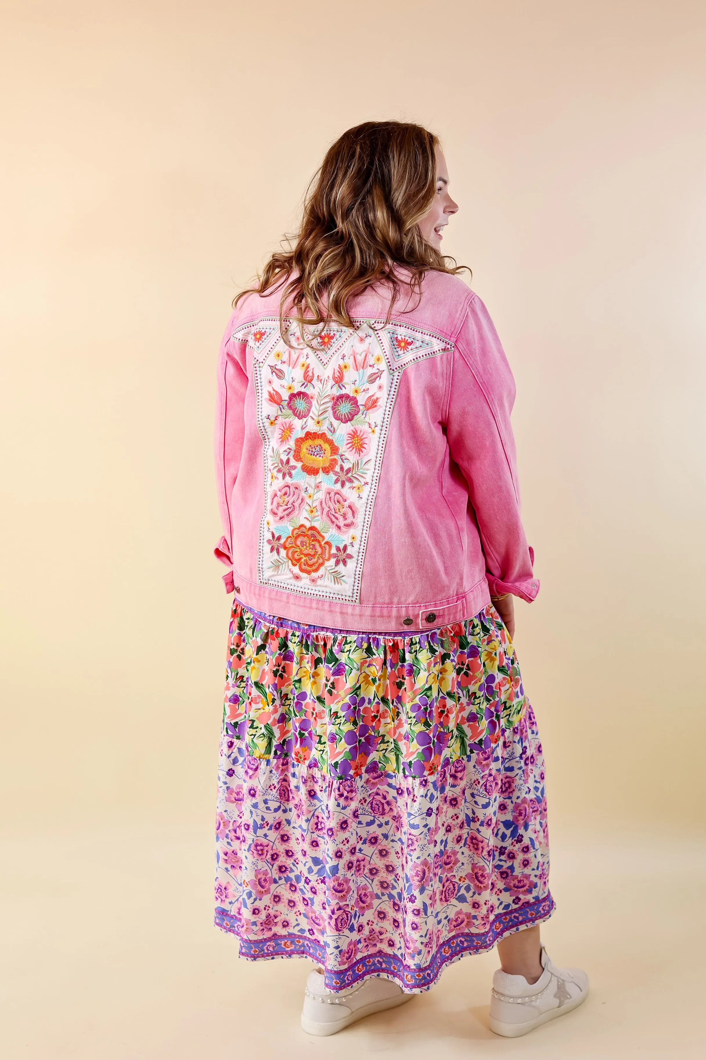 Prime Time Floral Embroidered Denim Jacket With Pockets in Pink