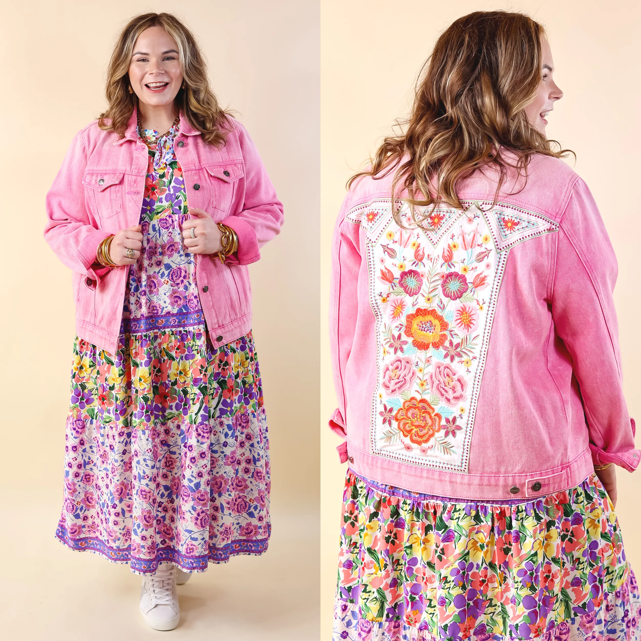 Prime Time Floral Embroidered Denim Jacket With Pockets in Pink