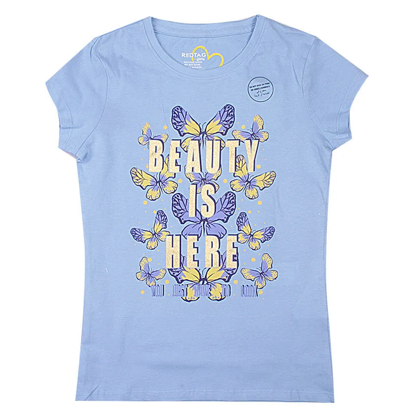 REDTAG Blue Beauty Is Here T-Shirt for Girls