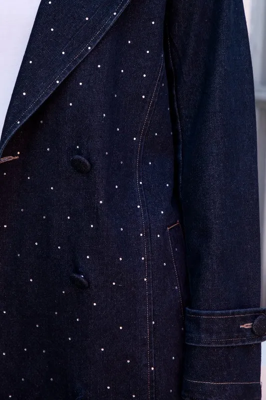 Rhinestone Detailed Denim Trench Coat