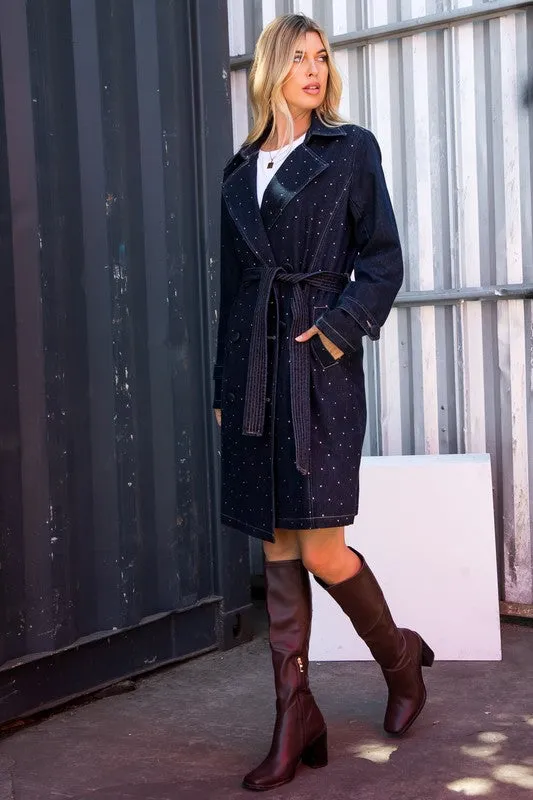 Rhinestone Detailed Denim Trench Coat