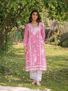 Saba Chikankari Kurta in Muslin - Pink