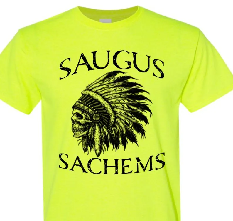 Saugus Sachems Skull - 1 color front print - Neon Safety Green T-shirt