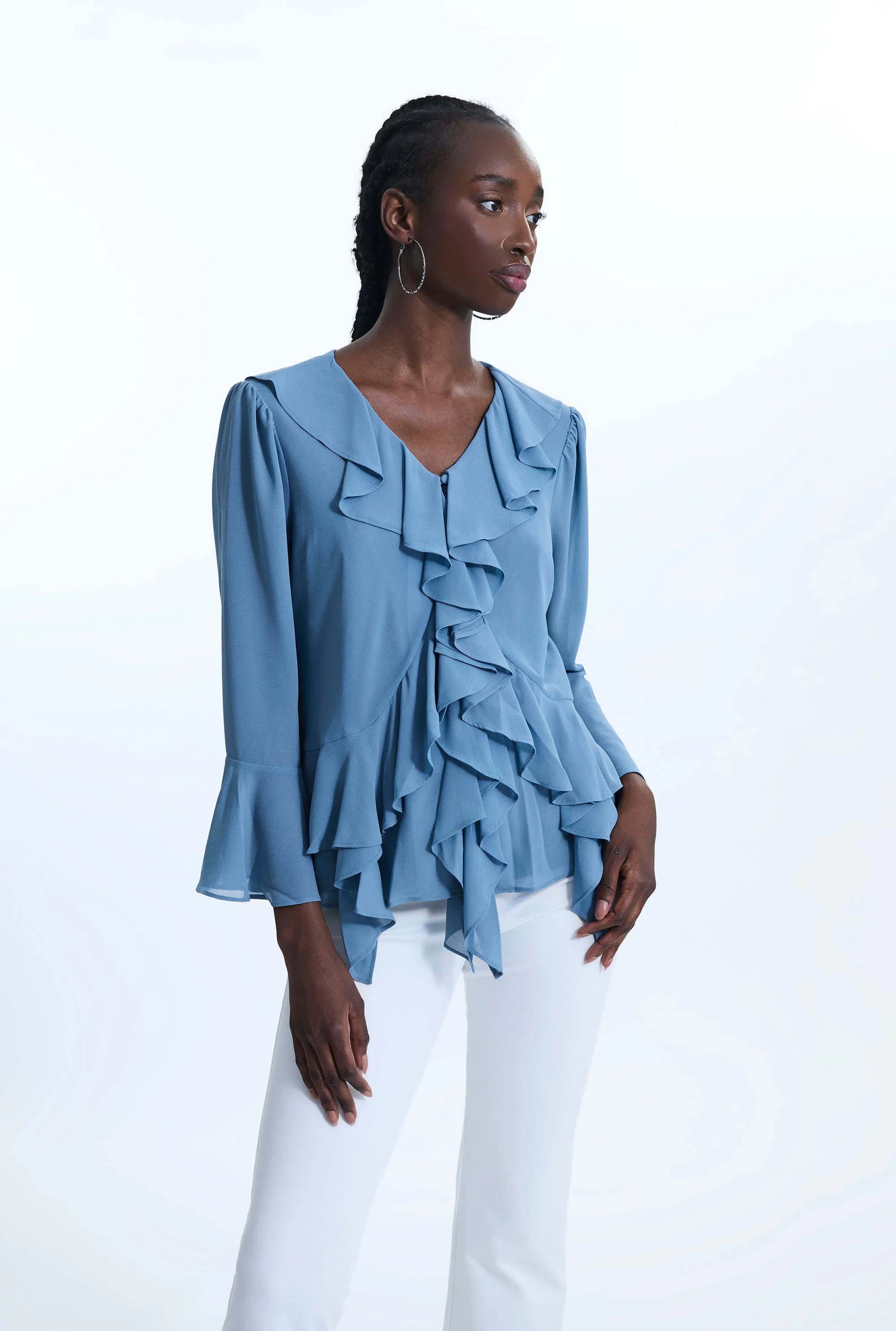 V-neck Chiffon Ruffle Blouse Denim